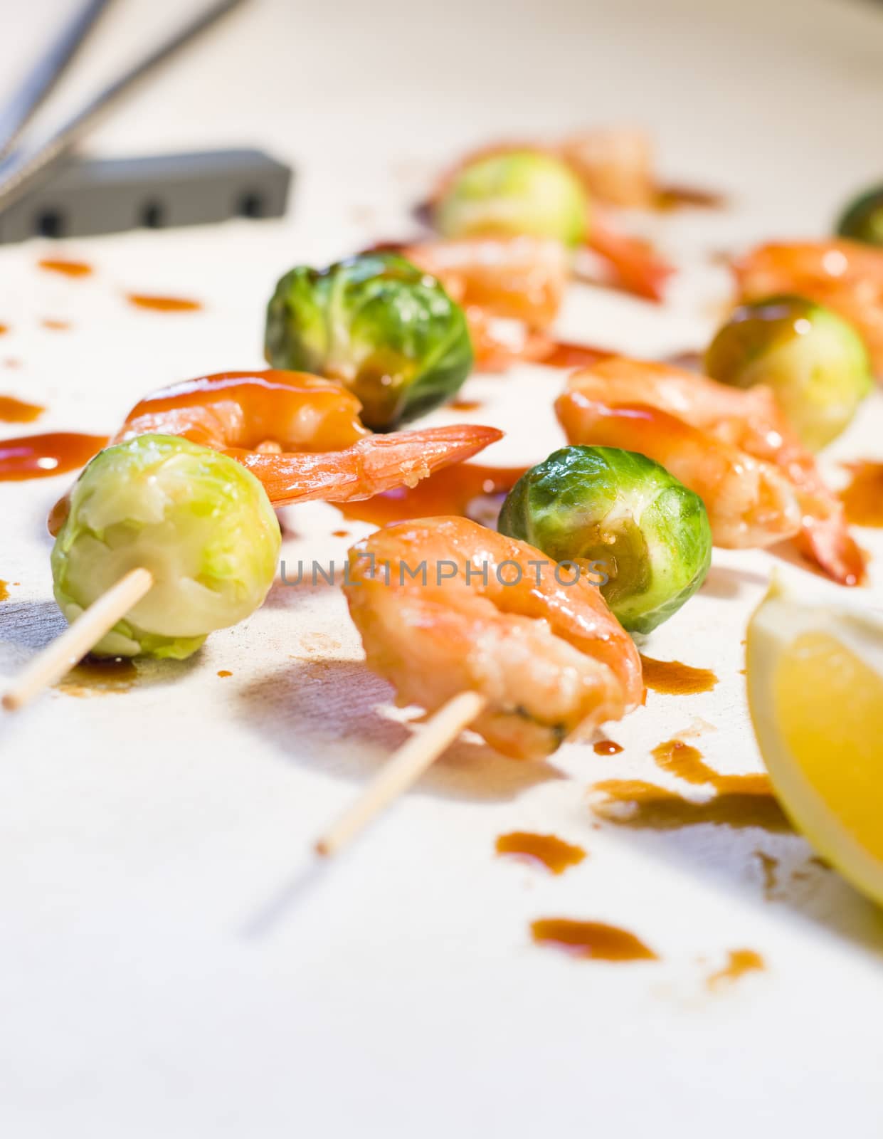 shrimps and vegetables on the table, ready to eat, souse and delishes food. Studio shot.