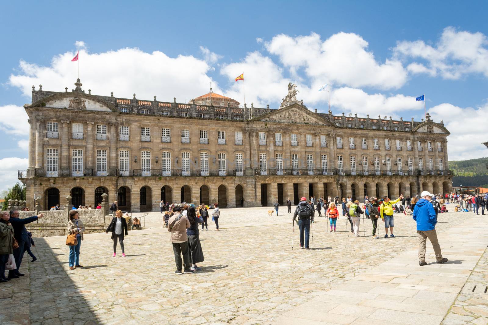 Santiago de Compostela, Spain, May 2018: Pazo de Raxoi is a neoclassical palace located on the Praza do Obradoiro in front of the cathedral