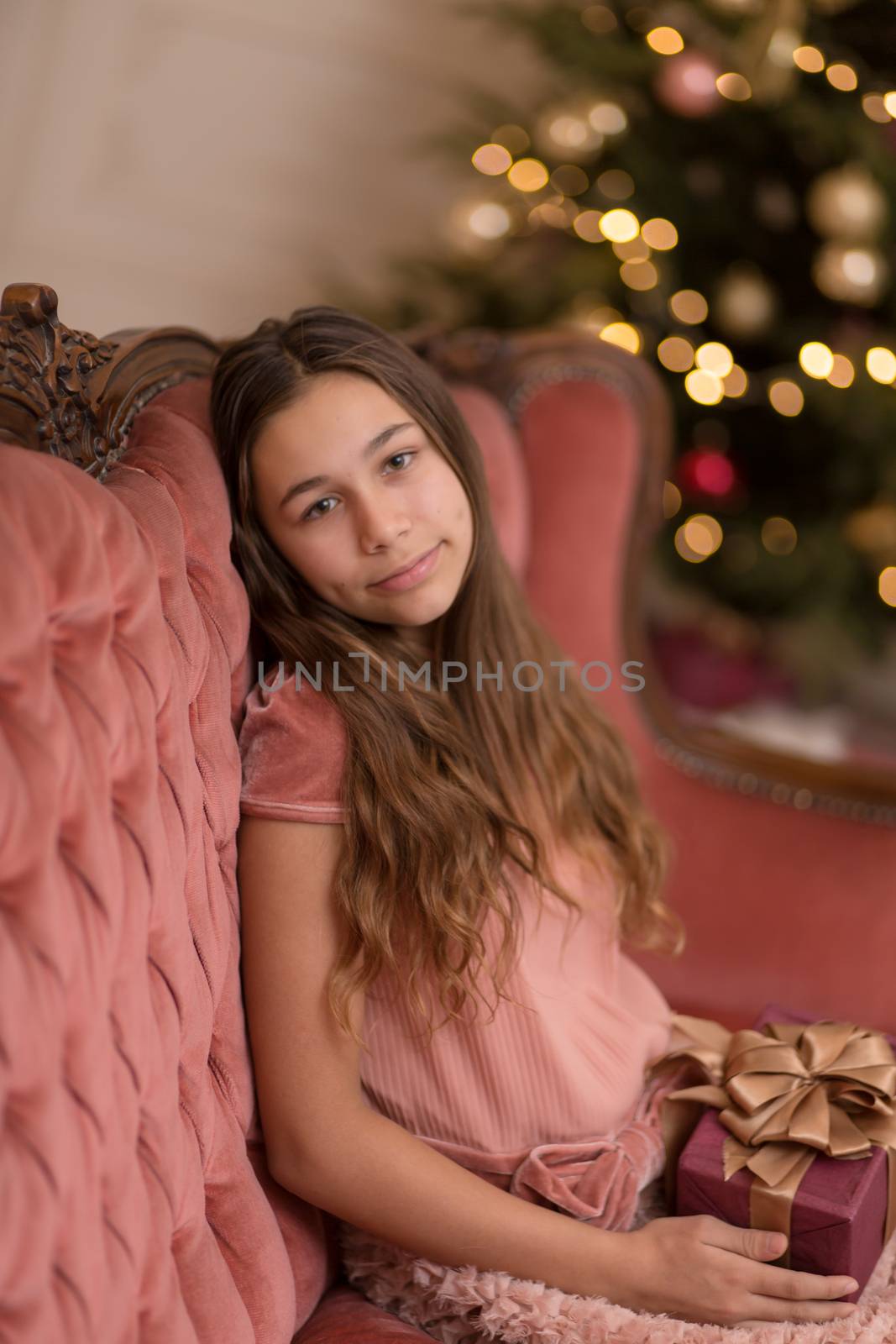 gorgeous girl with a holiday christmas present in a stylish interior by Try_my_best