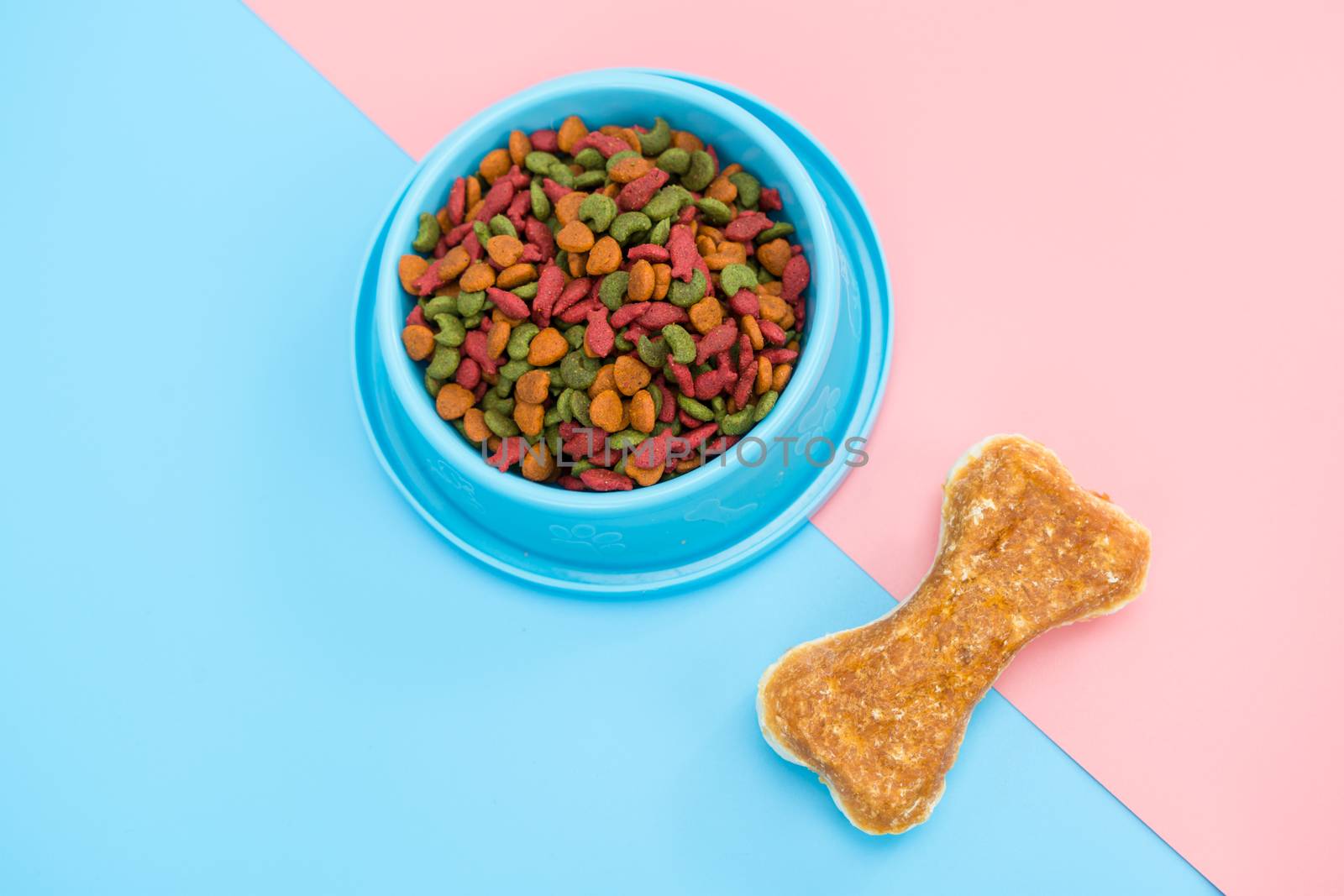 Pet food and snack with copy space on color background by Buttus_casso