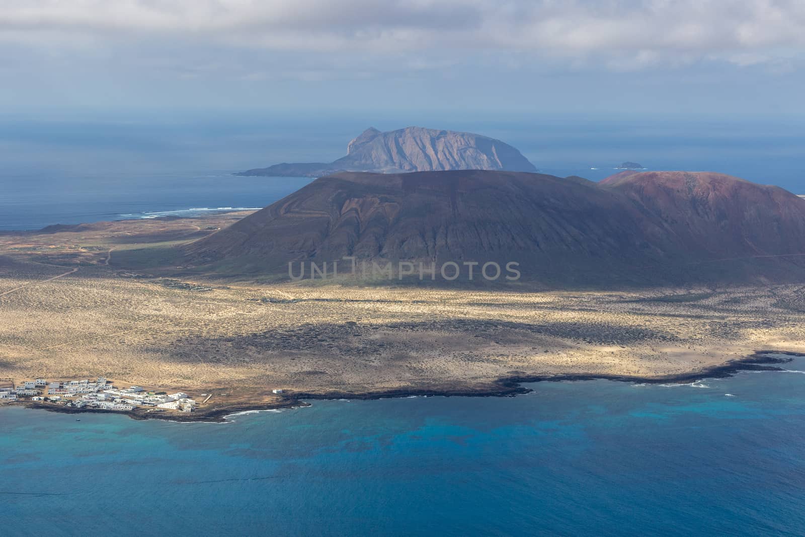 Panoramic view from viewpoint Mirador del Rio at the north of canary island Lanzarote, Spain