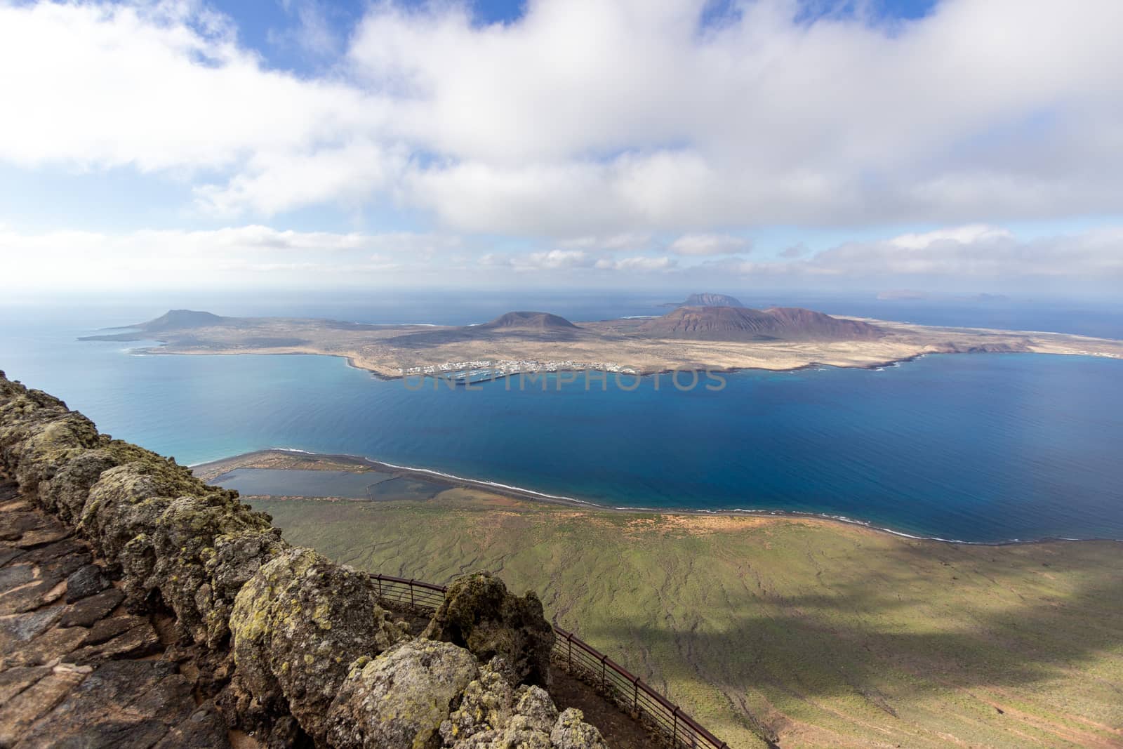 Panoramic view from viewpoint Mirador del Rio at the north of canary island Lanzarote, Spain