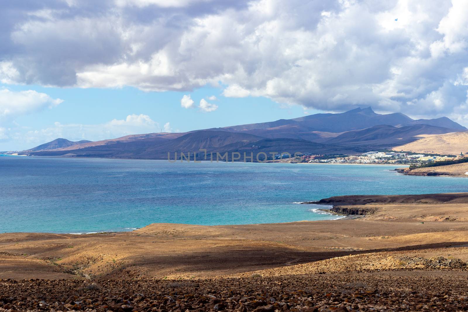 Panoramic view peninsula Jandia on canary island Fuerteventura, Spain with coastline and mountain range in the background