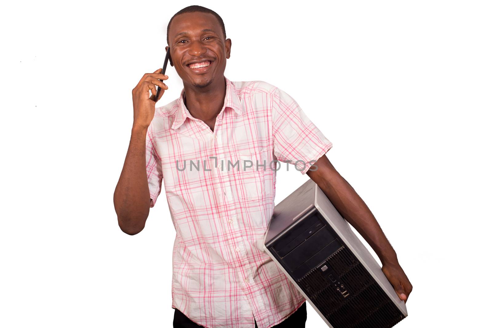 young technician with computer in hands and talking on the phone