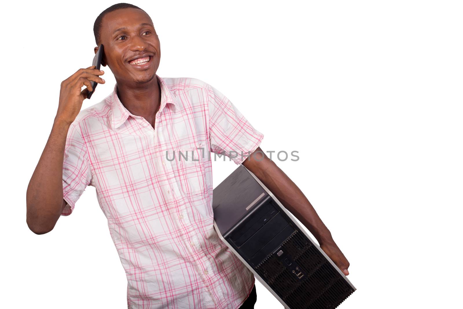 young technician with computer in hands and talking on the phone