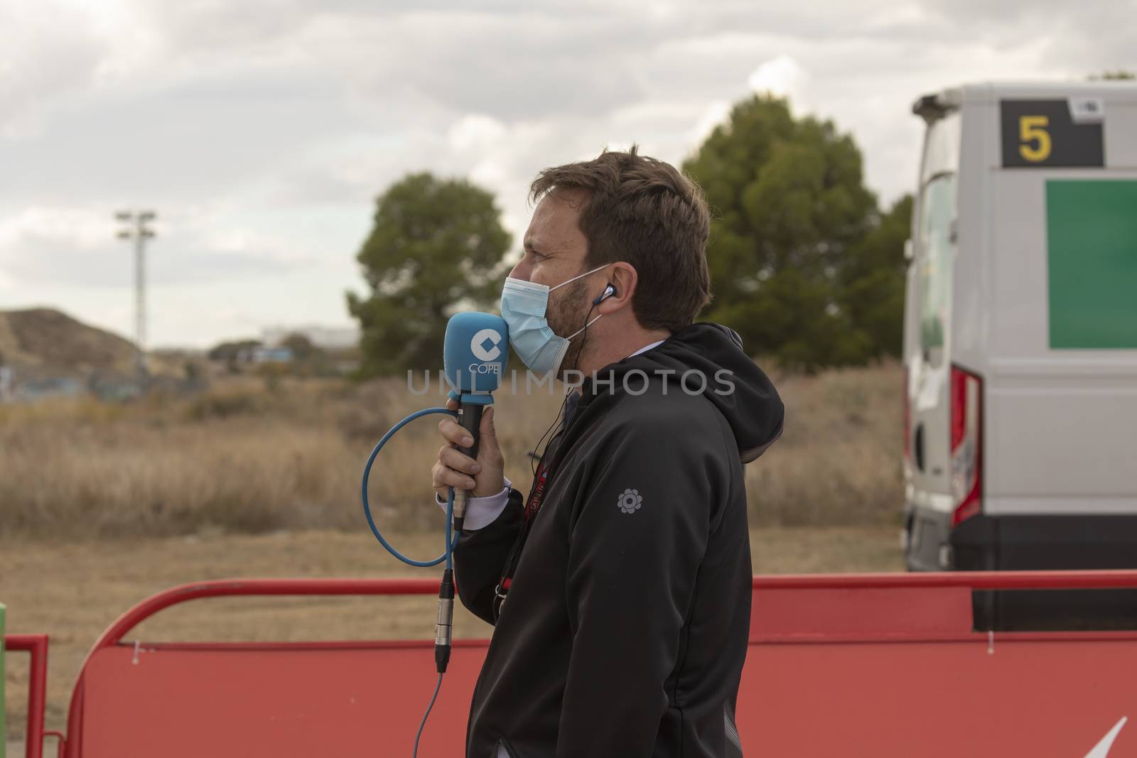 Journalists, reporter, working in the finish line area of the fourth stage of La Vuelta a España 2020.