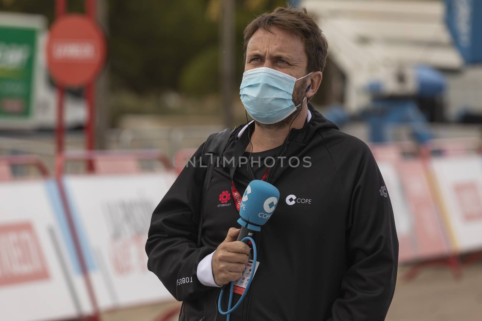 Journalists, reporter, working in the finish line area of the fourth stage of La Vuelta a España 2020.