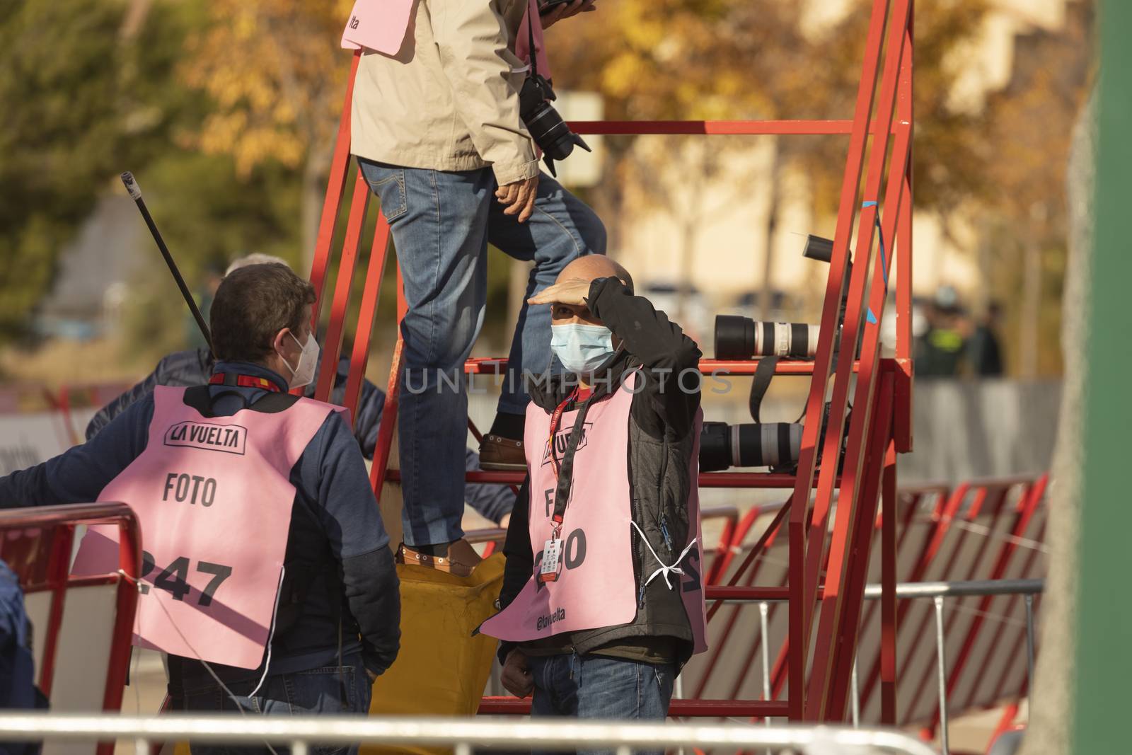 Journalists, photographers and media, working in the finish line area of the fourth stage of La Vuelta a España 2020.