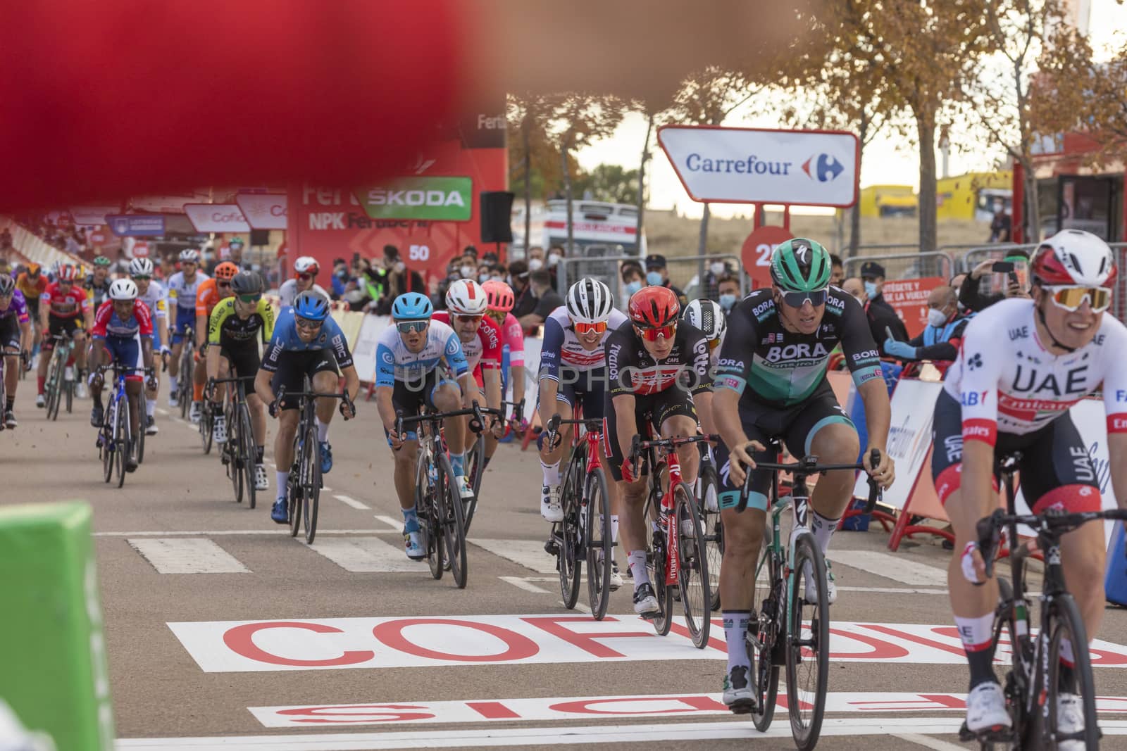 Cyclists, athletes, in the area of the finish line of the fourth stage of La Vuelta a España 2020.