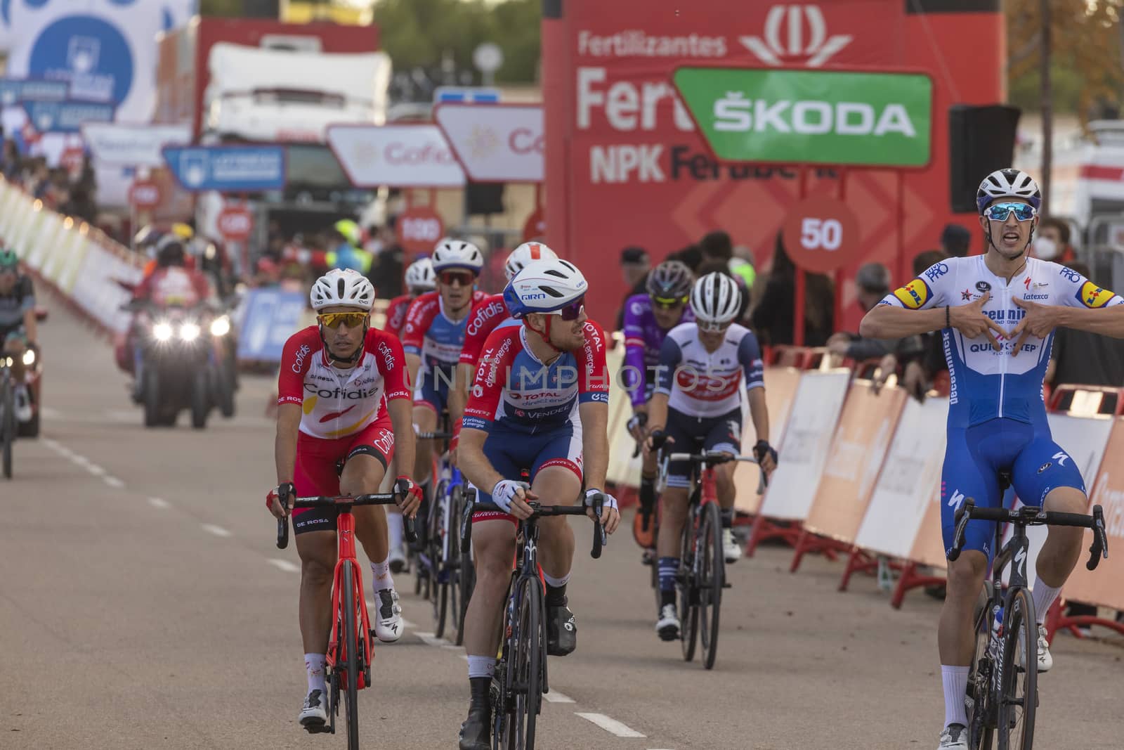 Cyclists, athletes, in the area of the finish line of the fourth stage of La Vuelta a España 2020.