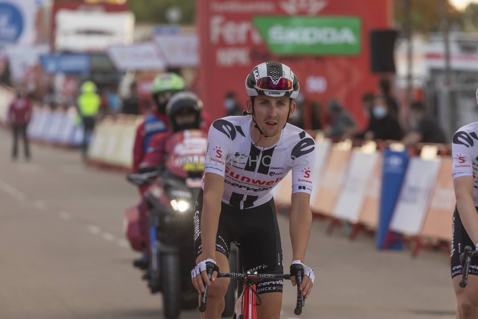 Cyclists, athletes, in the area of the finish line of the fourth stage of La Vuelta a España 2020.