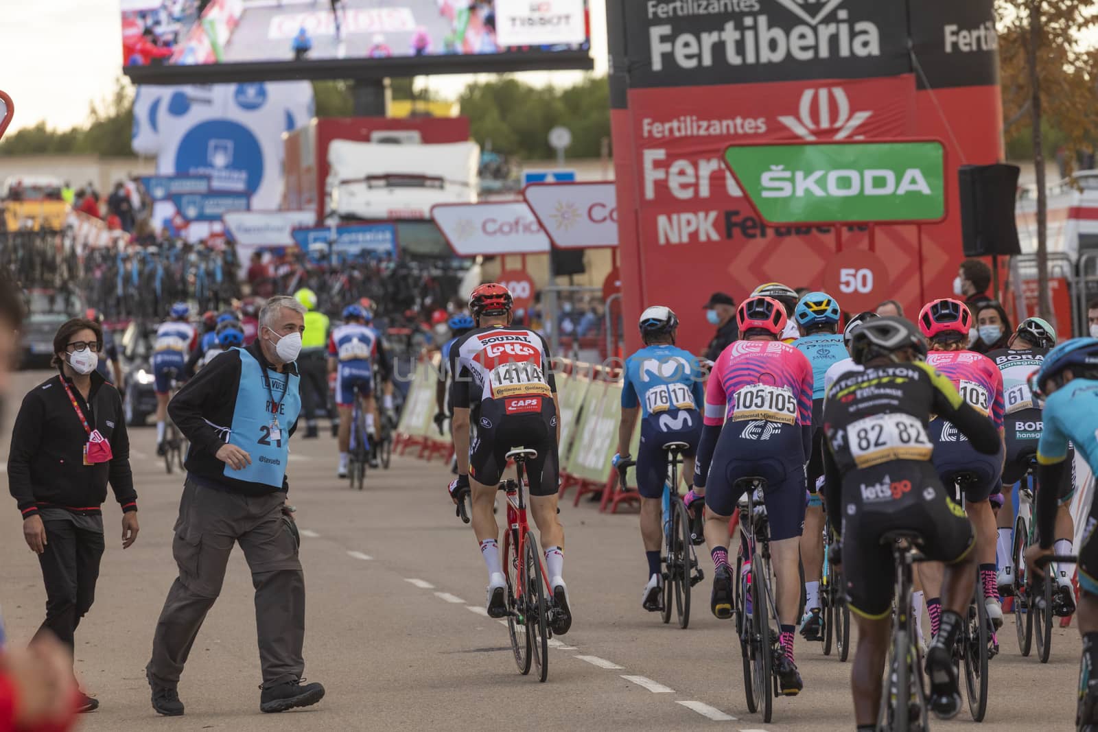 Cyclists, athletes, in the area of the finish line of the fourth stage of La Vuelta a España 2020.