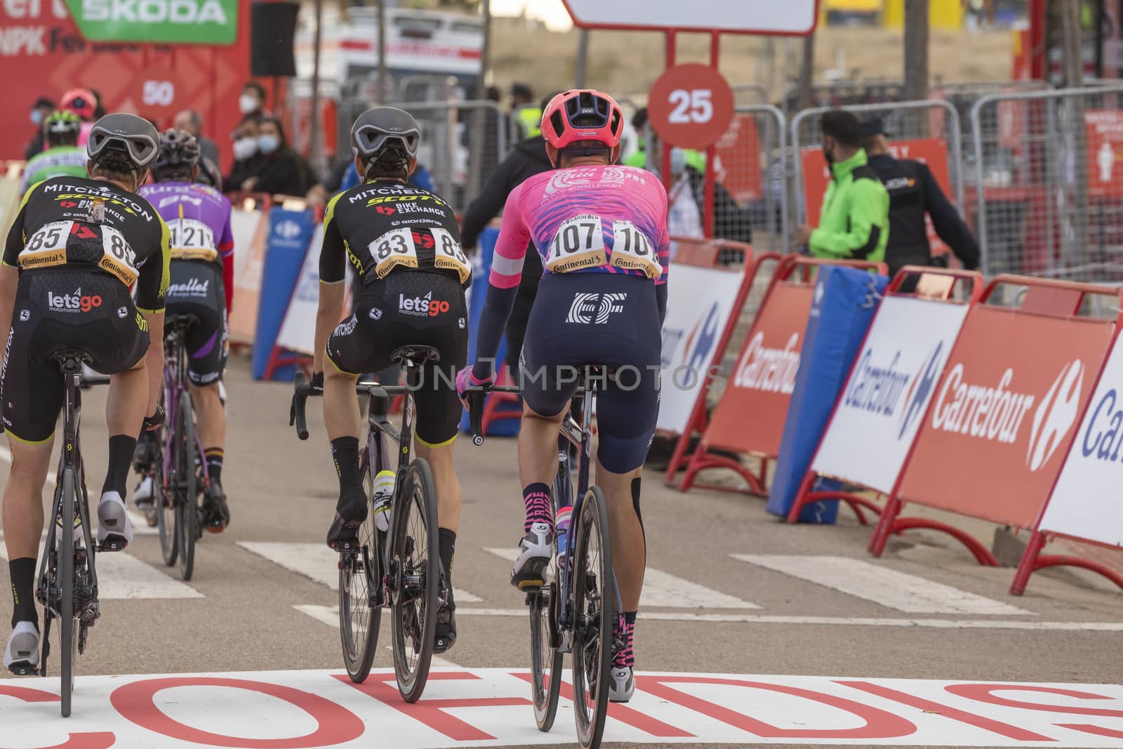 Cyclists, athletes, in the area of the finish line of the fourth stage of La Vuelta a España 2020.