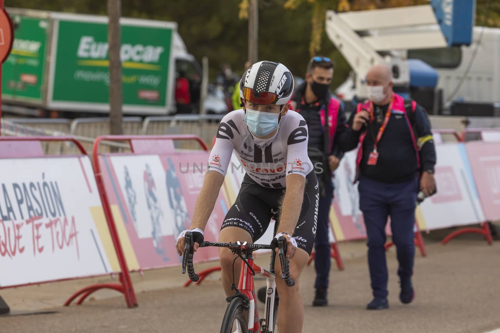 Cyclists, athletes, in the area of the finish line of the fourth stage of La Vuelta a España 2020.