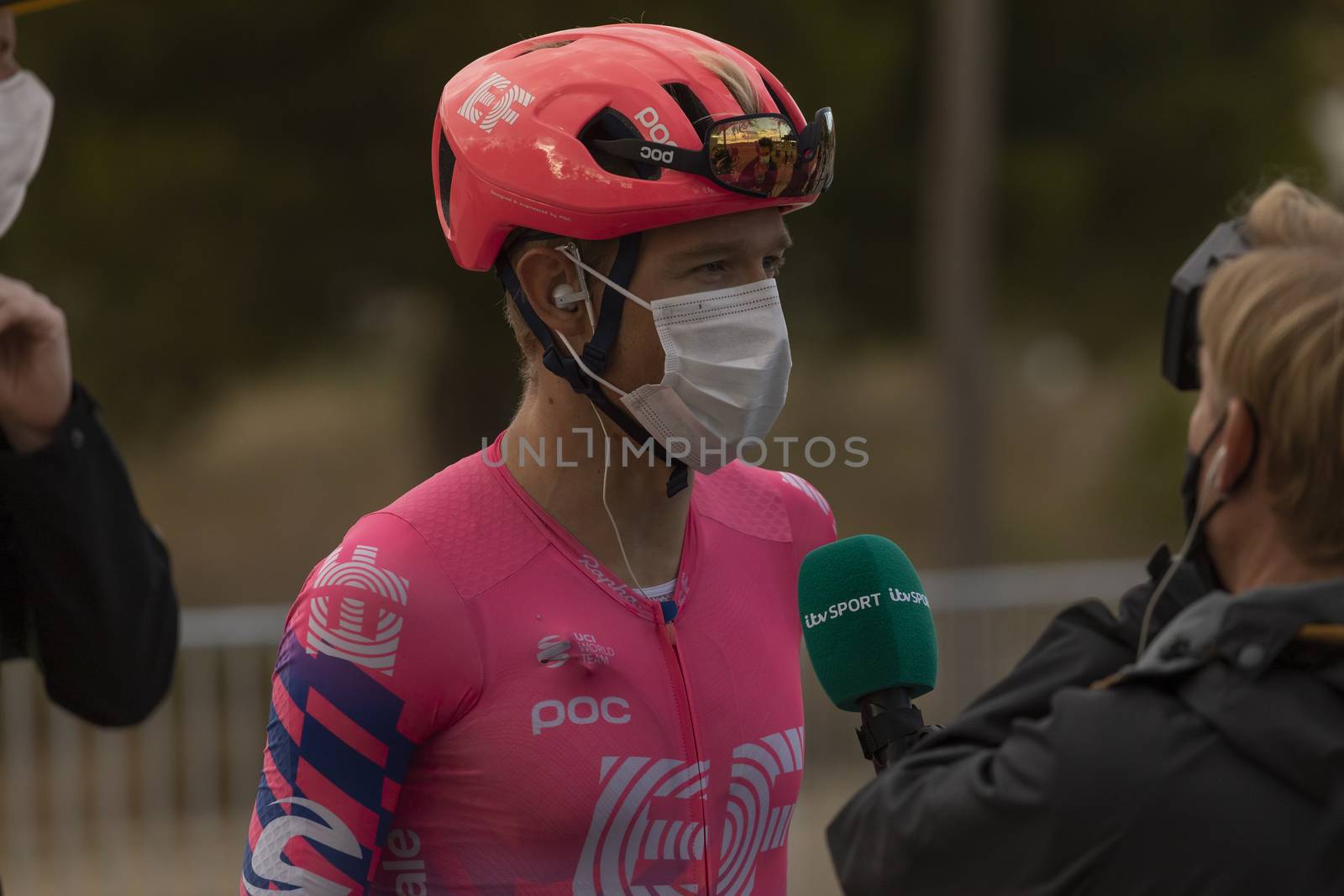 Journalists, photographers and the media, interviewing the winners of the fourth stage of La Vuelta a España 2020.