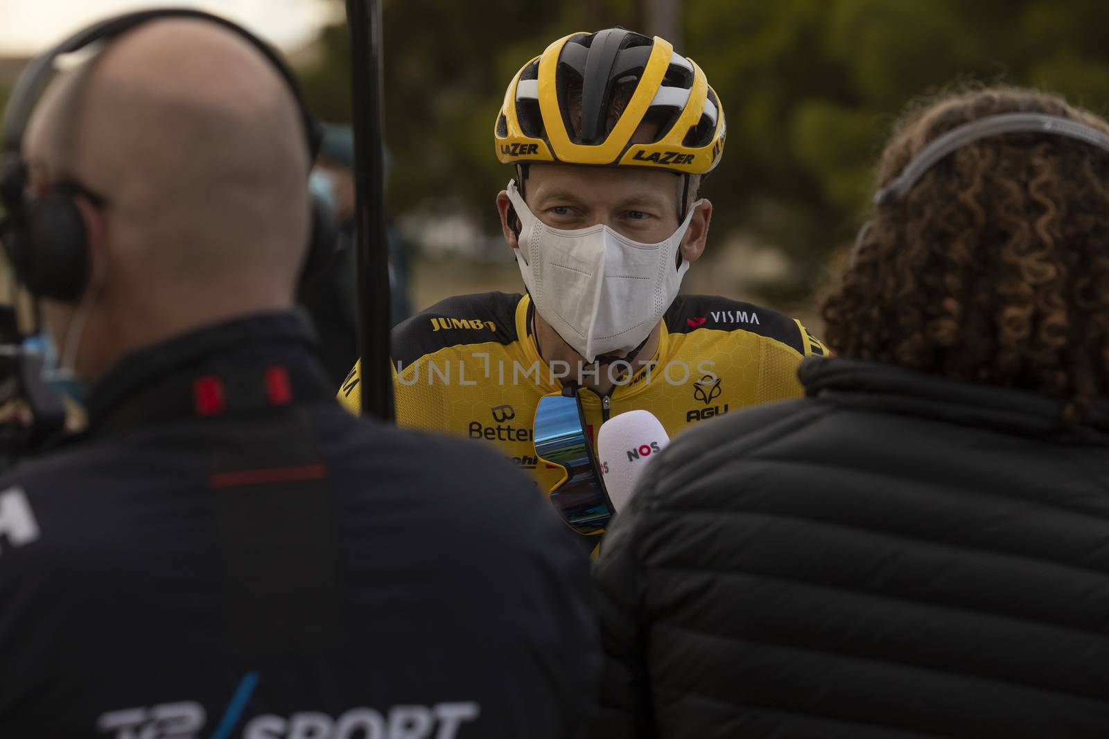 Journalists, photographers and the media, interviewing the winners of the fourth stage of La Vuelta a España 2020.