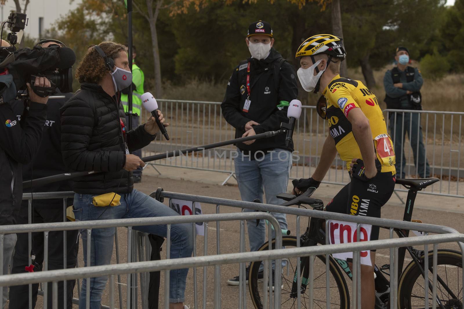 Journalists, photographers and the media, interviewing the winners of the fourth stage of La Vuelta a España 2020.