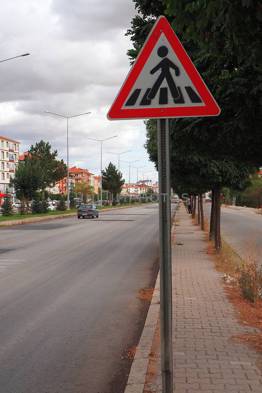 Student school crossing sign on the vehicle road,