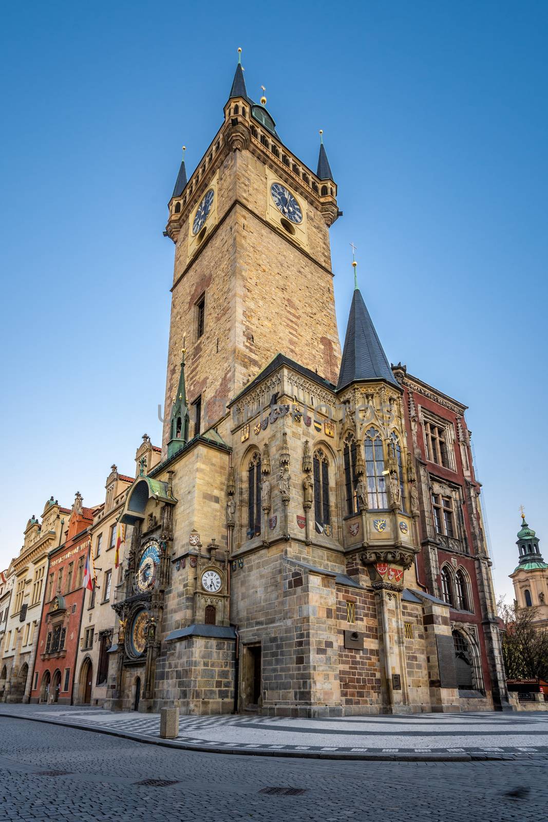 Prague Old Town Square Czech Republic, sunrise city skyline at Astronomical Clock Tower empty nobody