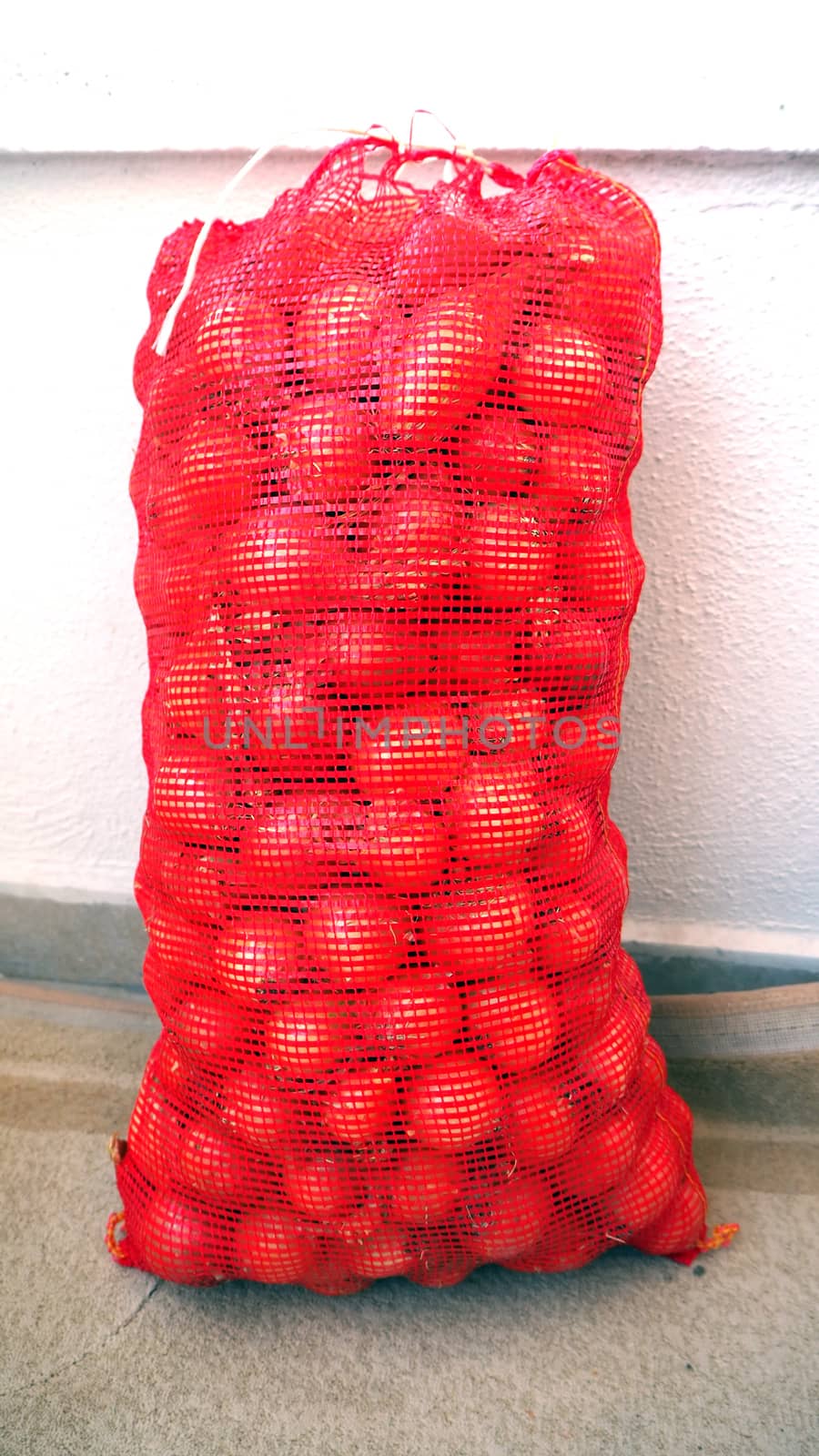 bag filled with onion stuffed in a large net,