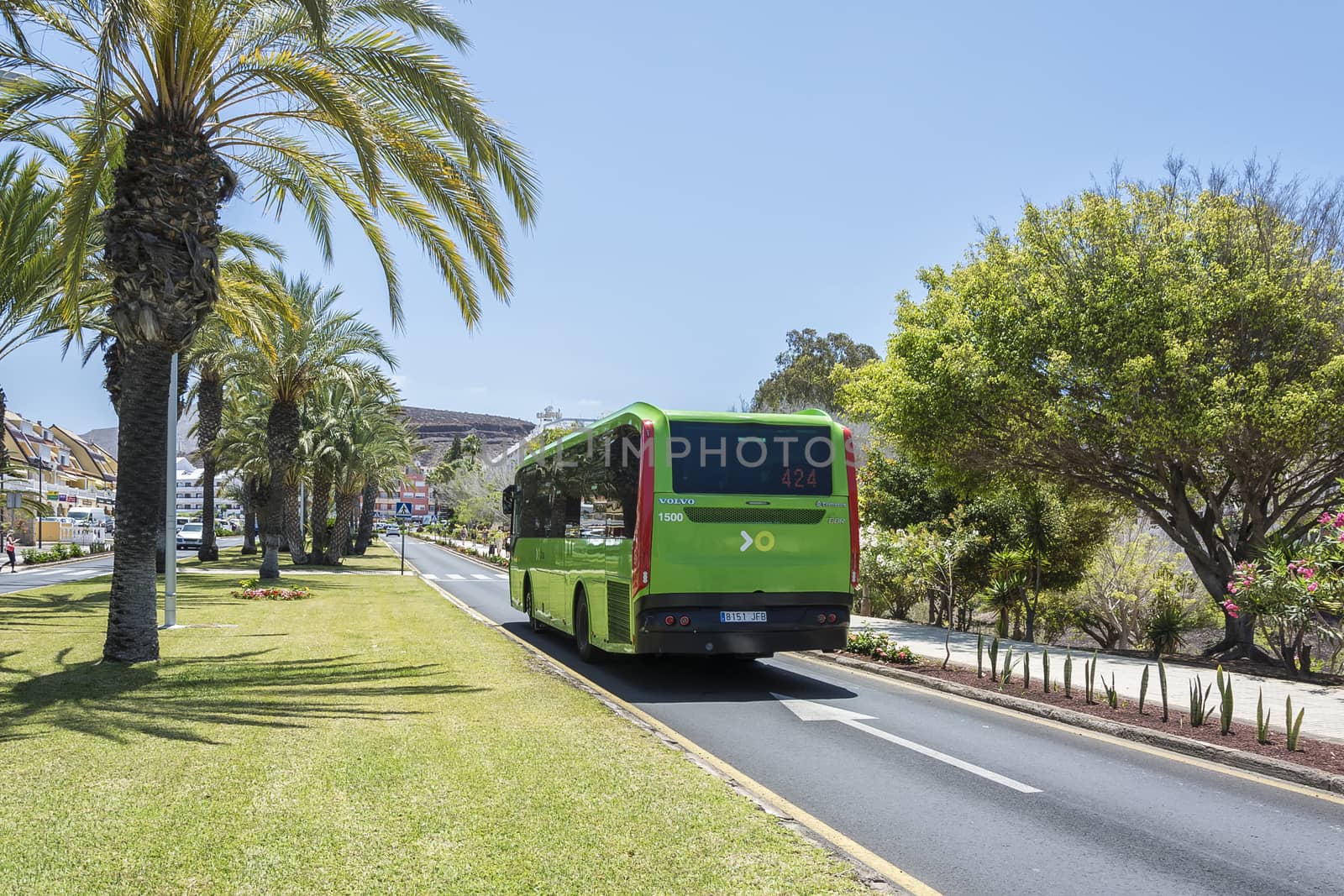 Spain, las Americas - May 15, 2018: - VOLVO passenger bus of Titsa transport company. Transport company Titsa performs passenger transportation on the island of Tenerife.