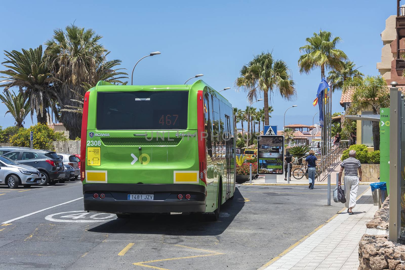 Spain, La Caleta - May 15, 2018: - Scheduled passenger bus Scania transport company TICA. Transport company TICA performs passenger transportation on the island of Tenerife.