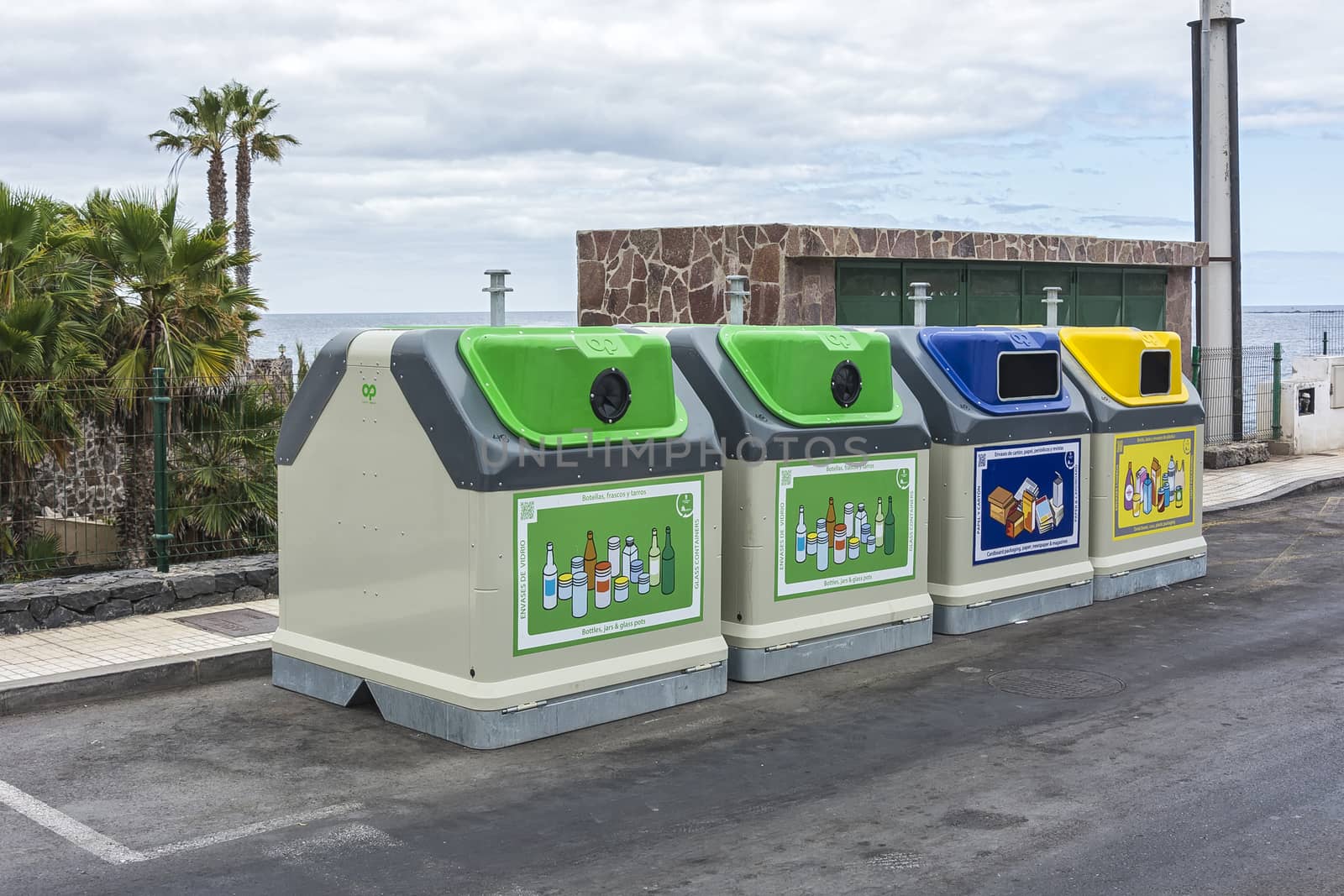 Spain, Tenerife island, La Coleta - may 18, 2018: Containers for separate collection of secondary raw materials