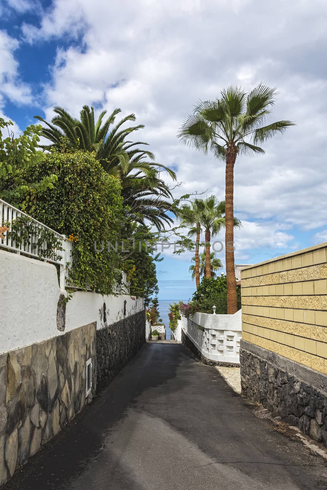 Paved path leading to the ocean between the walls of the houses (Los Gigantos, Tenerife, Spain)