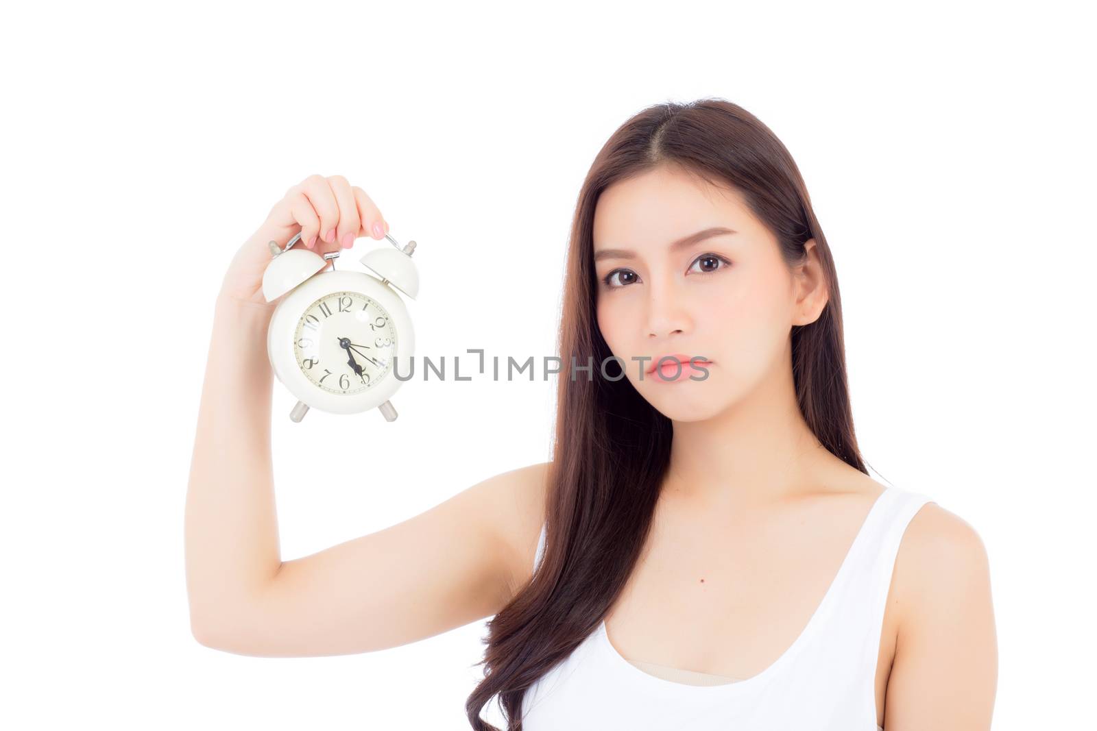 Beautiful asian young woman holding alarm clock, Portrait of woman with wake up, girl with isolated on white background, time with deadline concept.
