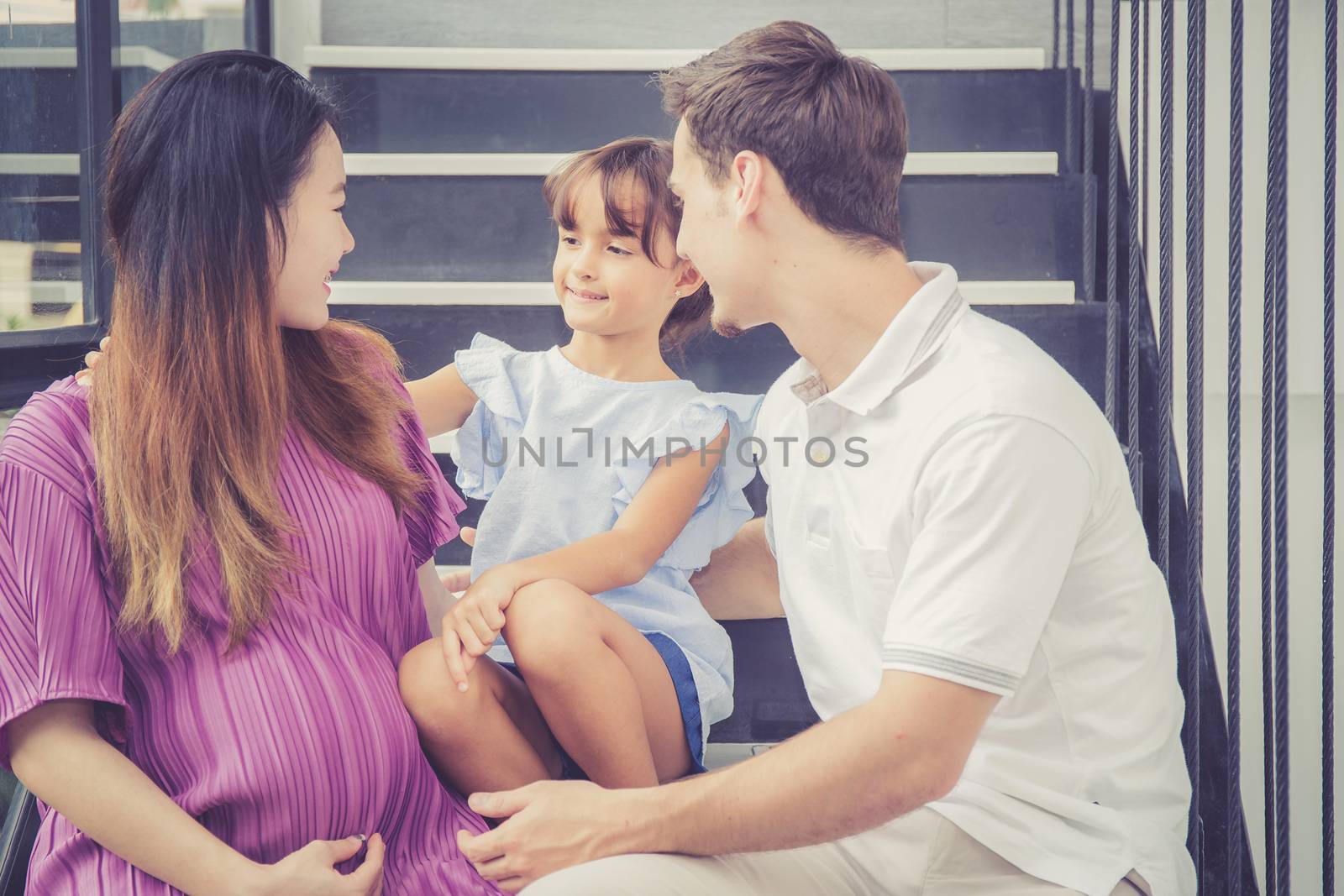 Portrait of man and pregnant of wife, asian handsome father take care mother and kid with couple and expect maternity have a happy, love of family concept.