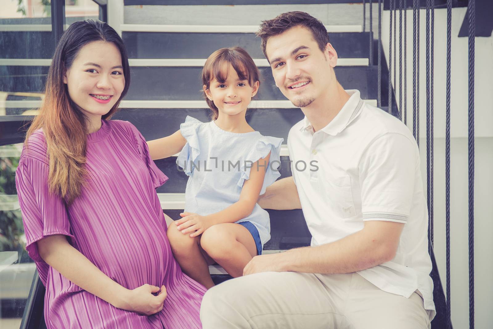 Portrait of man and pregnant of wife, asian handsome father take care mother and kid with couple and expect maternity have a happy, love of family concept.