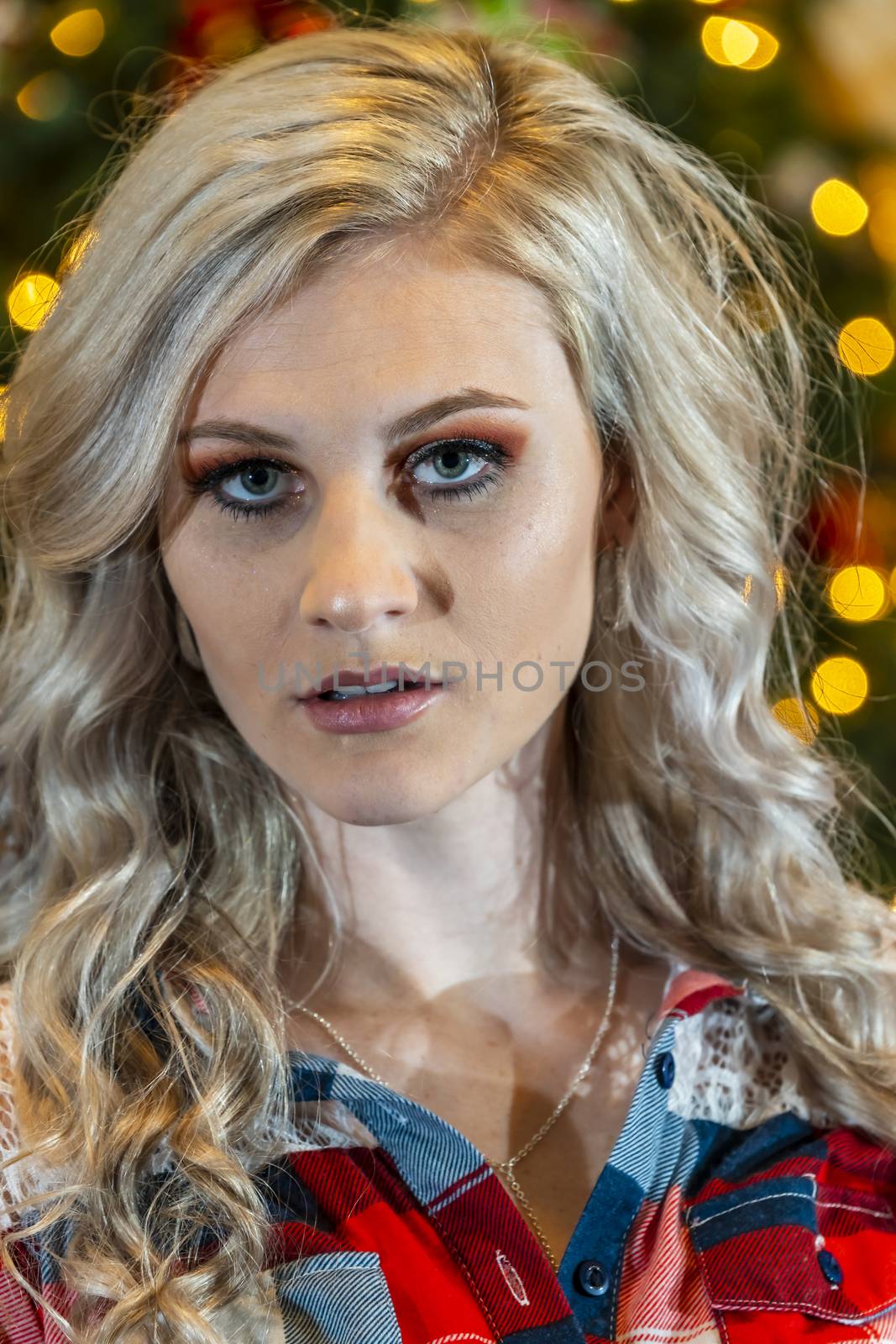 A gorgeous blonde model enjoys the holiday season at home with a Christmas tree and presents