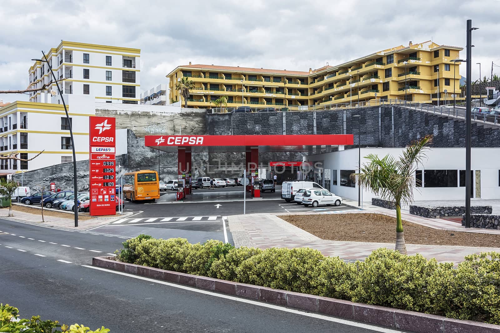 Spain, Tenerife - May 08, 2018: Car refueling station CEPSA. CEPSA is a Spanish petrochemical corporation.
