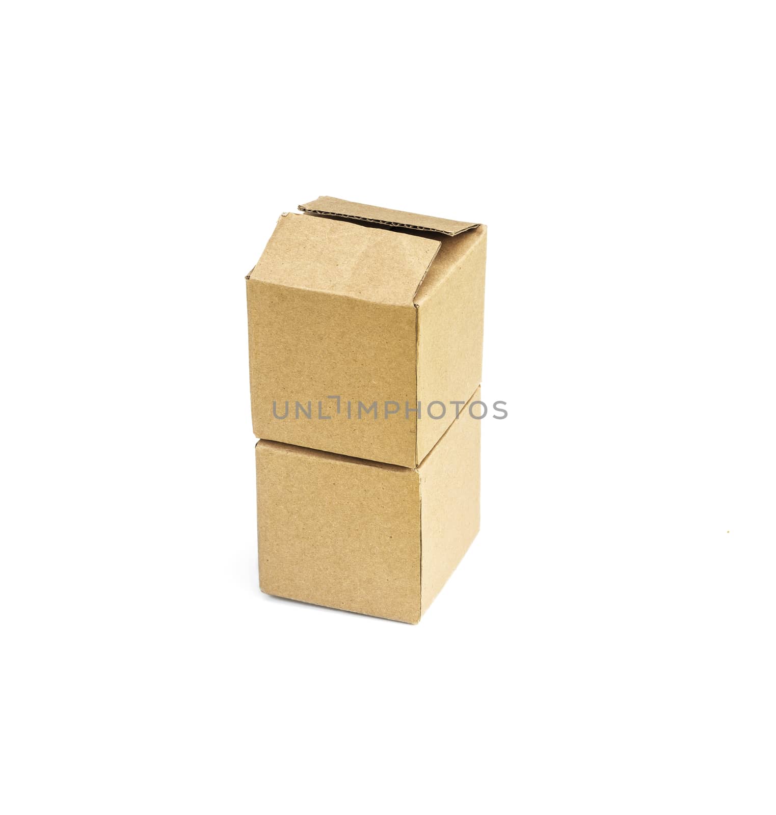 Two square cardboard boxes stand one on top of another on a white background