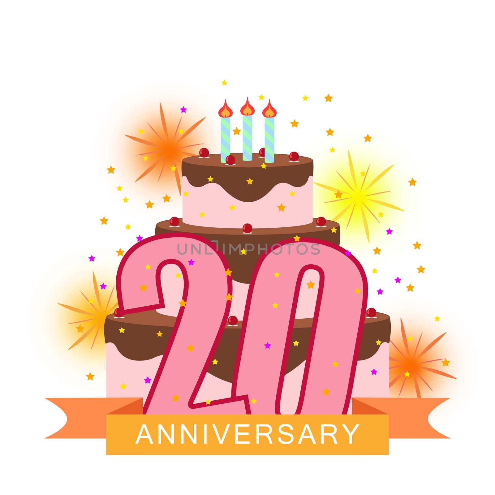 Illustrated image with the number twenty, cake, fireworks and star rain