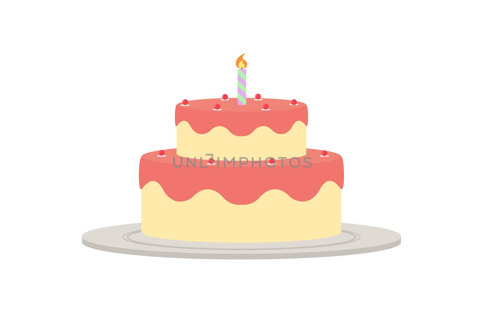 Illustrated drawing of a festive cake of two tiers with one candle