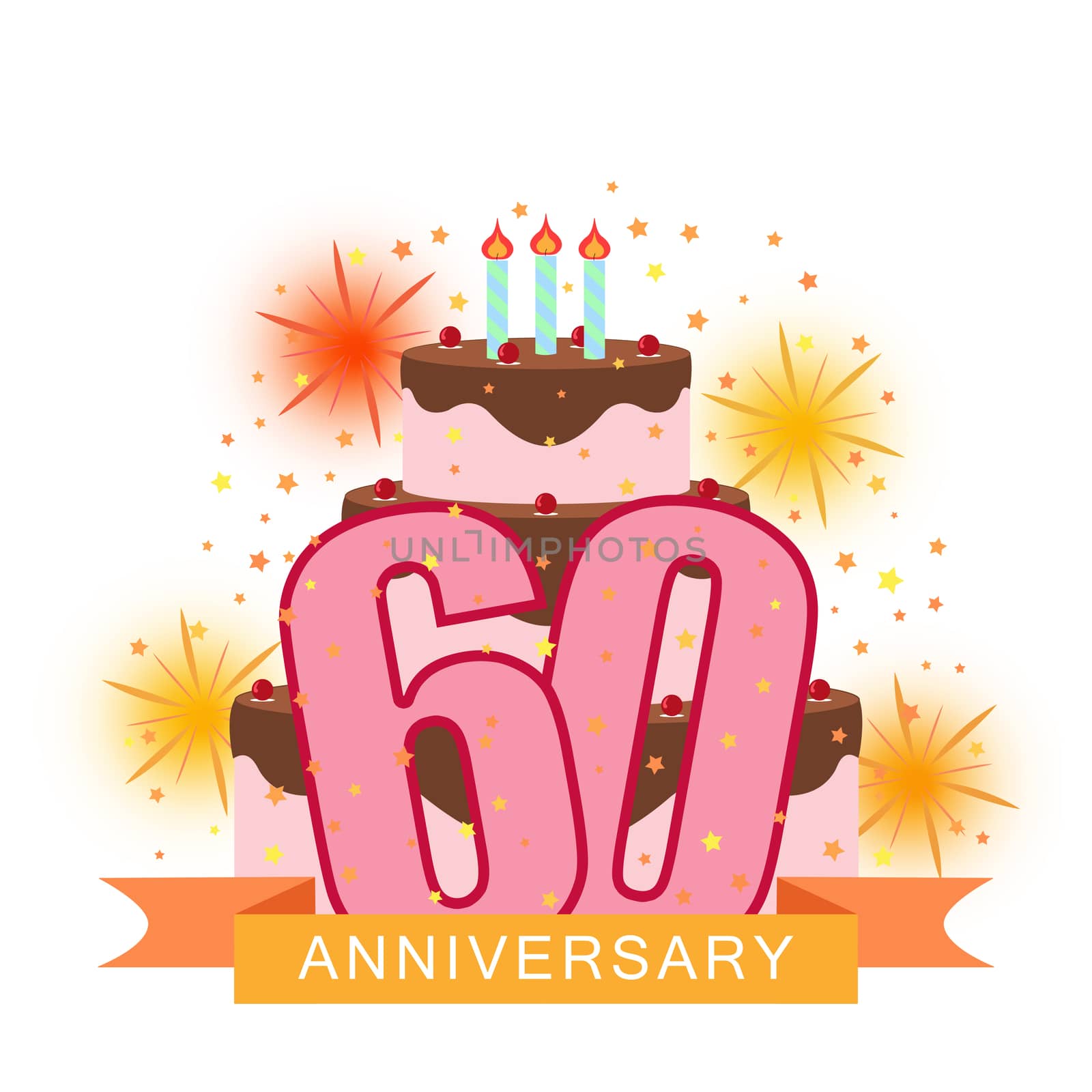 Illustrated image of the number sixty, birthday cake, fireworks and starry rain