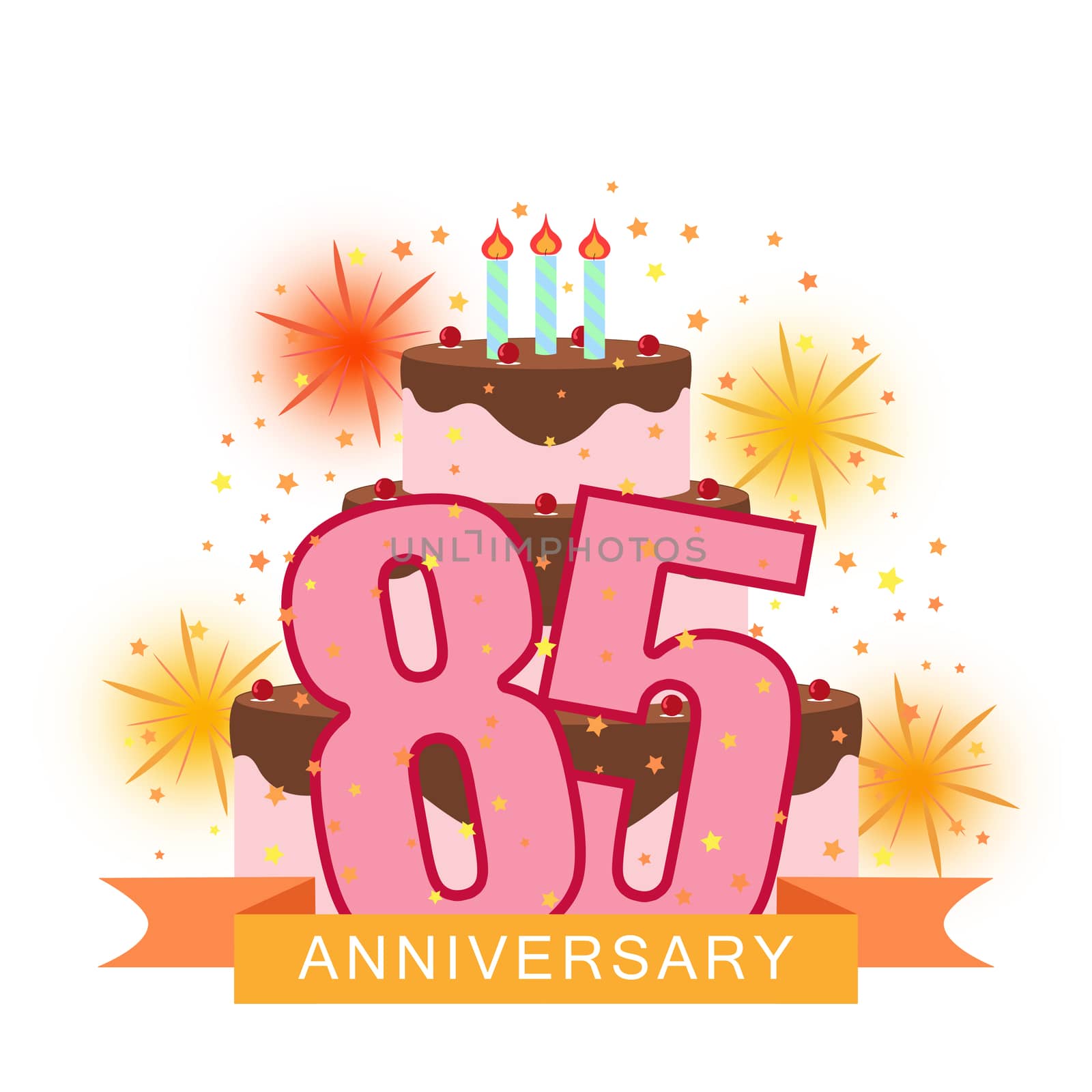 Illustrated image with the number eighty-five, cake, fireworks and a starry rain