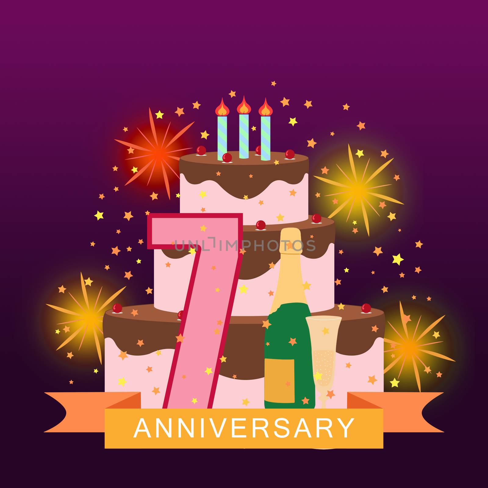 Illustrated image with the number seven, cake, fireworks and star rain