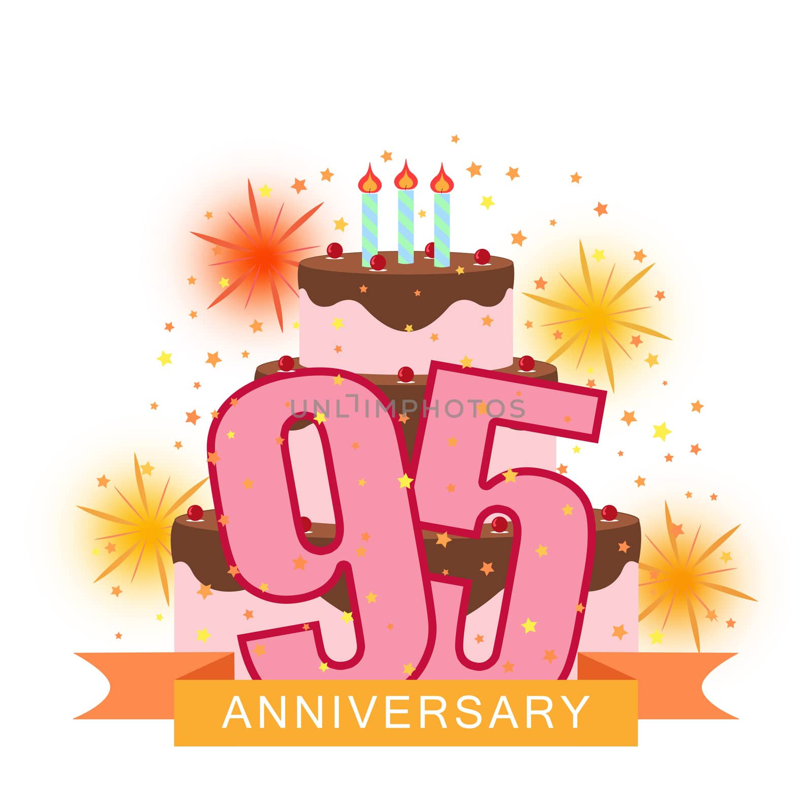 Illustrated image with the number ninety-five, cake, fireworks and starry rain