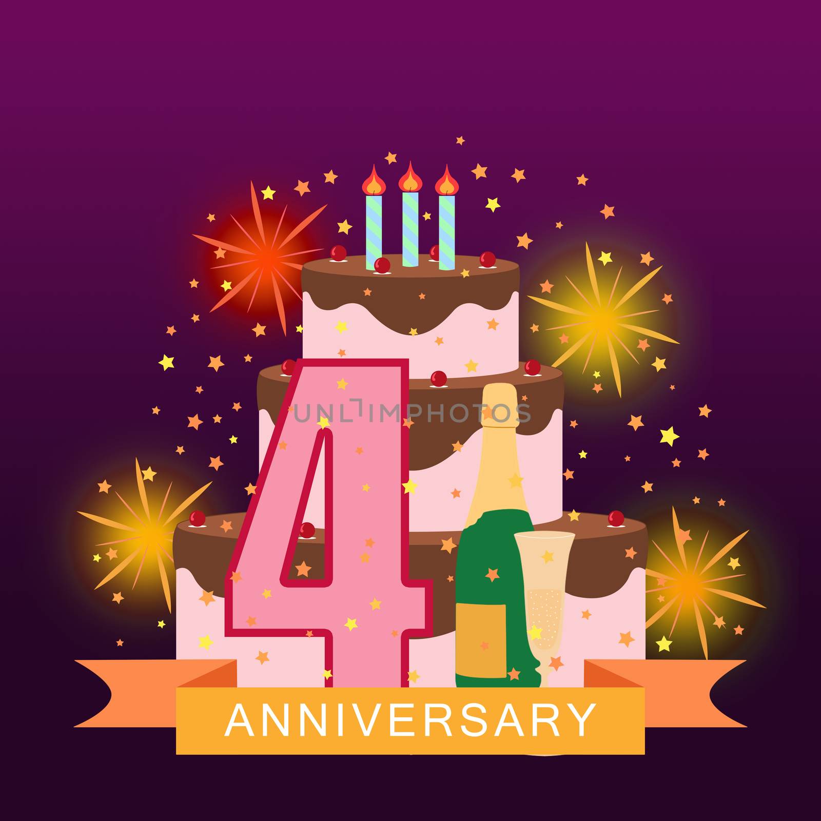 Illustrated image with the number four, cake, fireworks and star rain