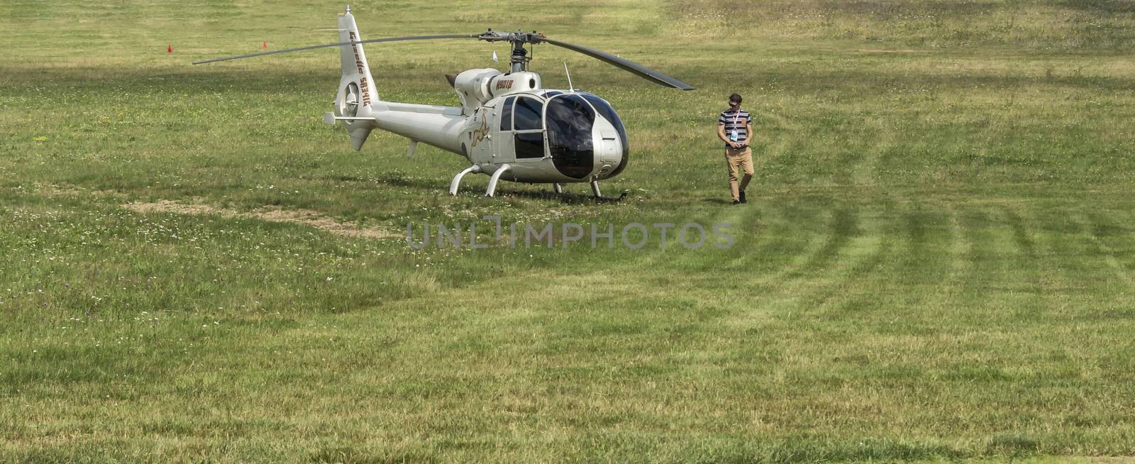 Belarus, Minsk - July 23, 2018: Helicopters of the teams of participants of the 16th World Helicopter Championships and the 4th stage of the World Cup in helicopter racing in Minsk (Belarus)