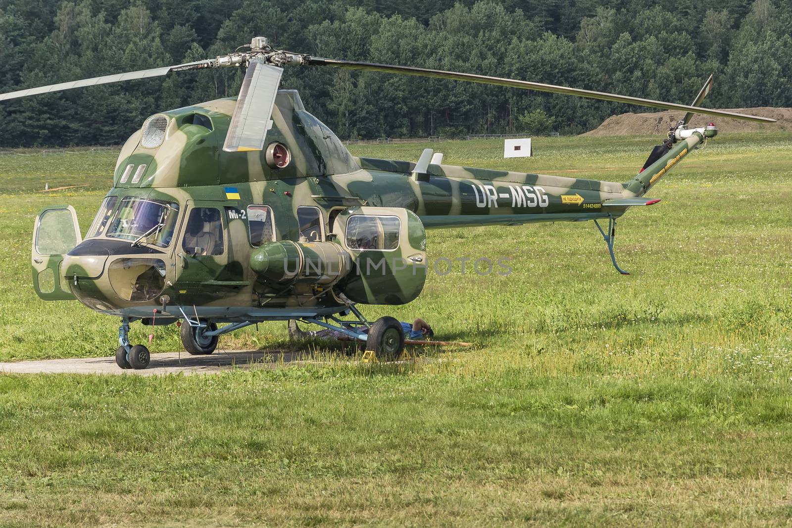 Belarus, Minsk - July 23, 2018: MI-2 helicopter of the Ukrainian team at the 16th World Helicopter Championships and the 4th stage of the World Cup in helicopter racing