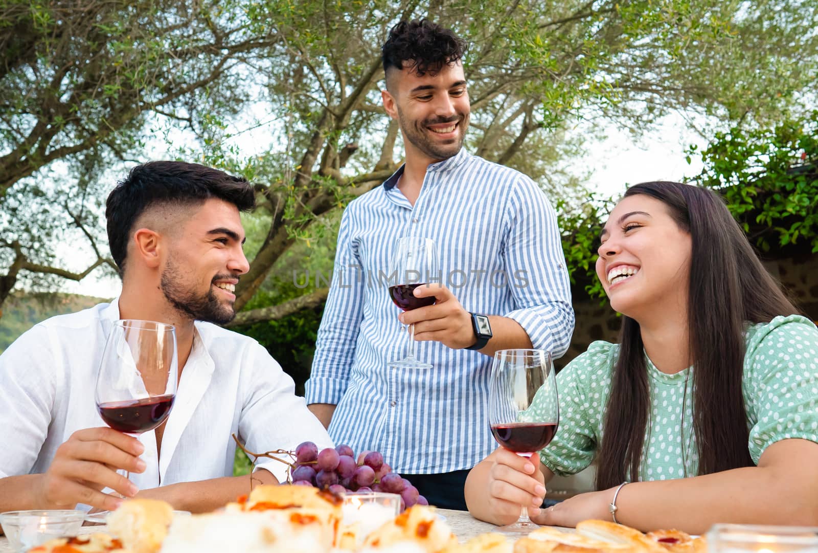 Three attractive young happy people celebrating outdoor holding red wine glasses - Stylish millennial friends having fun in the garden drinking alcohol at a table laden with snacks and grapes