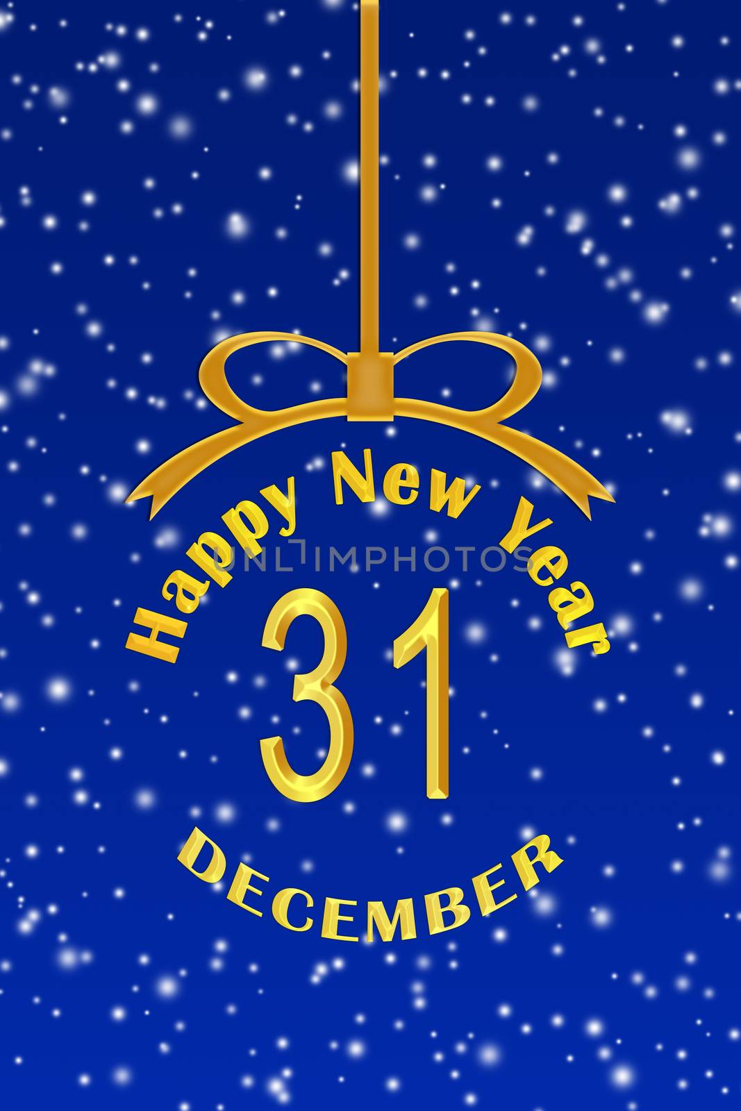 Template for congratulations on the New year in the form of a Christmas ball with a gold inscription and date, blue Christmas background