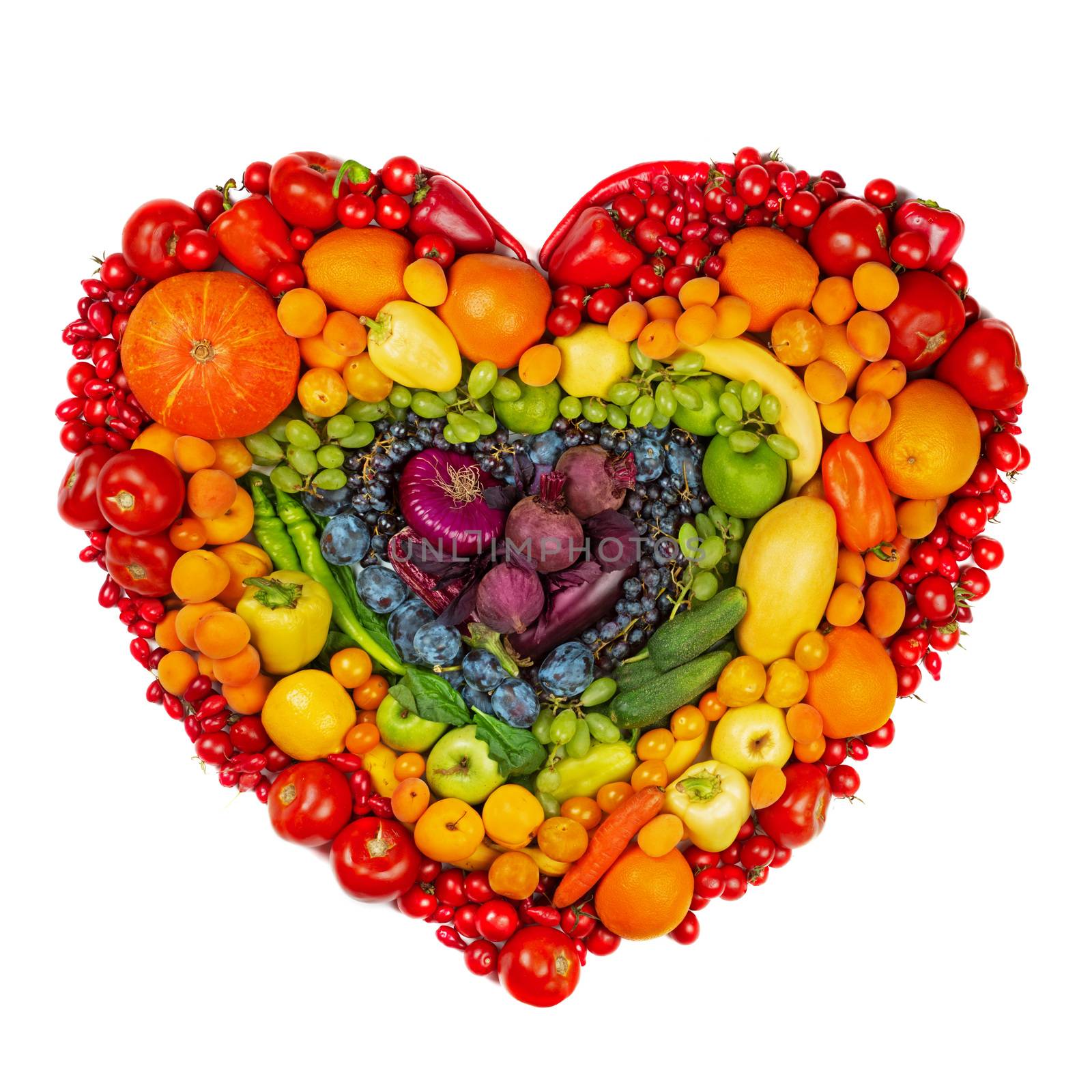 Rainbow heart of fruits and vegetables studio isolated on white background go vegetarian love healthy eating concept