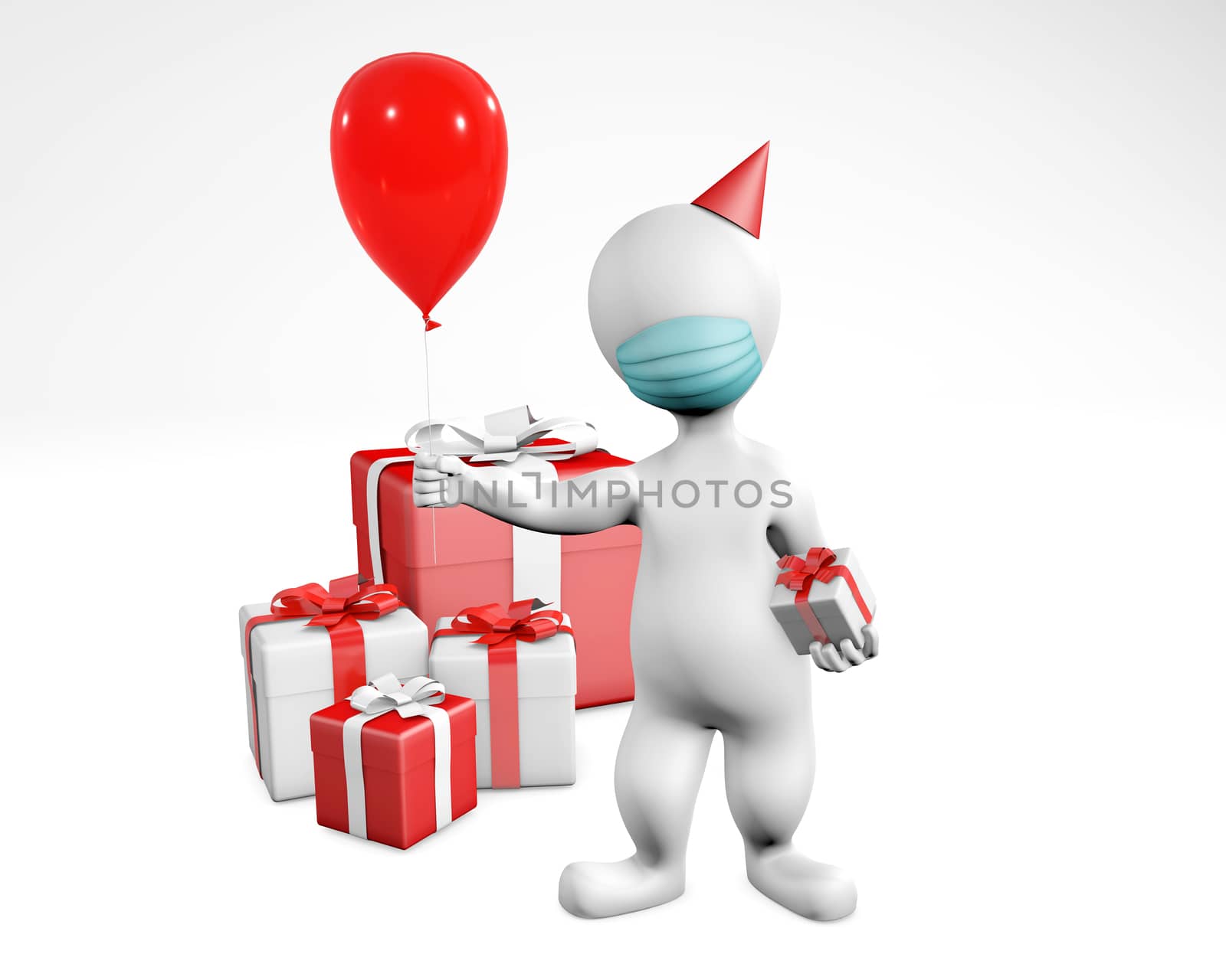 Fatty man with a mask celebrating 3d rendering isolated on white