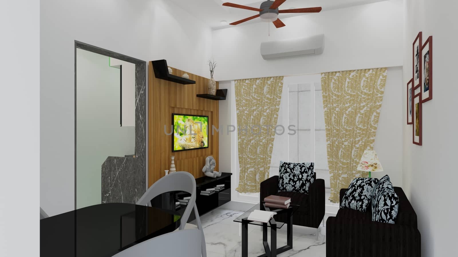 3d rendered liveng room with tv unit close up image.