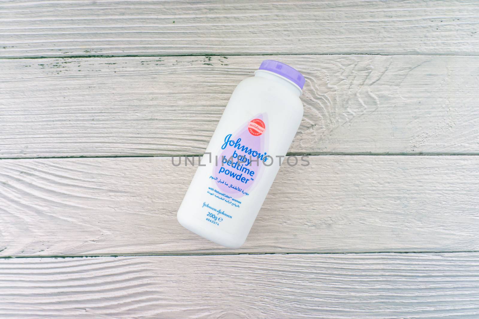 Kuala Lumpur, Malaysia - October 19, 2020 : Johnson and Johnson Baby bedtime powder talcum on wooden background by silverwings