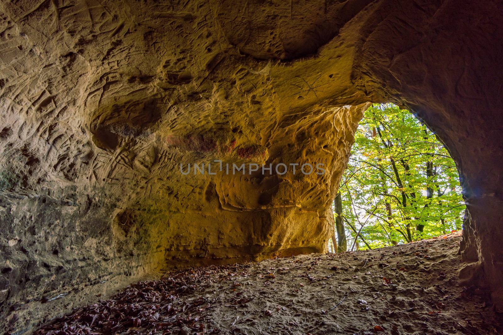 Leisurely hike at the golden hour to the famous Heidenhoehlen near Stockach on Lake Constance